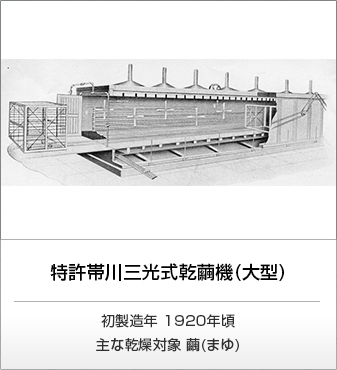 特許帯川三光式乾繭機(大型)。初製造年　1920年頃。主な乾燥対象　繭(まゆ)