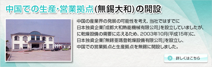 中国での生産・営業拠点(無錫大和)の開設。中国の産業界の発展の可能性を考え、当社ではすでに日本独資企業｢成都大和熱能機械有限公司｣を設立していましたが、本格的に乾燥設備の需要に応えるため、 2003年10月(平成15年)に、日本独資企業｢無錫亜瑪登乾燥設備有限公司｣を設立し、中国での営業拠点と生産拠点を無錫に開設しました。