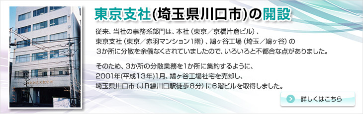 東京支社(埼玉県川口市)の開設
。従来、当社の事務系部門は、本社（東京／京橋片倉ビル）、東京支社（東京／赤羽マンション１階）、鳩ヶ谷工場（埼玉／鳩ヶ谷）の３か所に分散を余儀なくされていましたので、いろいろと不都合な点がありました。そのため、３か所の分散業務を１か所に集約するように、2001年(平成１３年)１月、鳩ヶ谷工場社宅を売却し、埼玉県川口市（ＪＲ線川口駅徒歩８分）に６階ビルを取得しました。